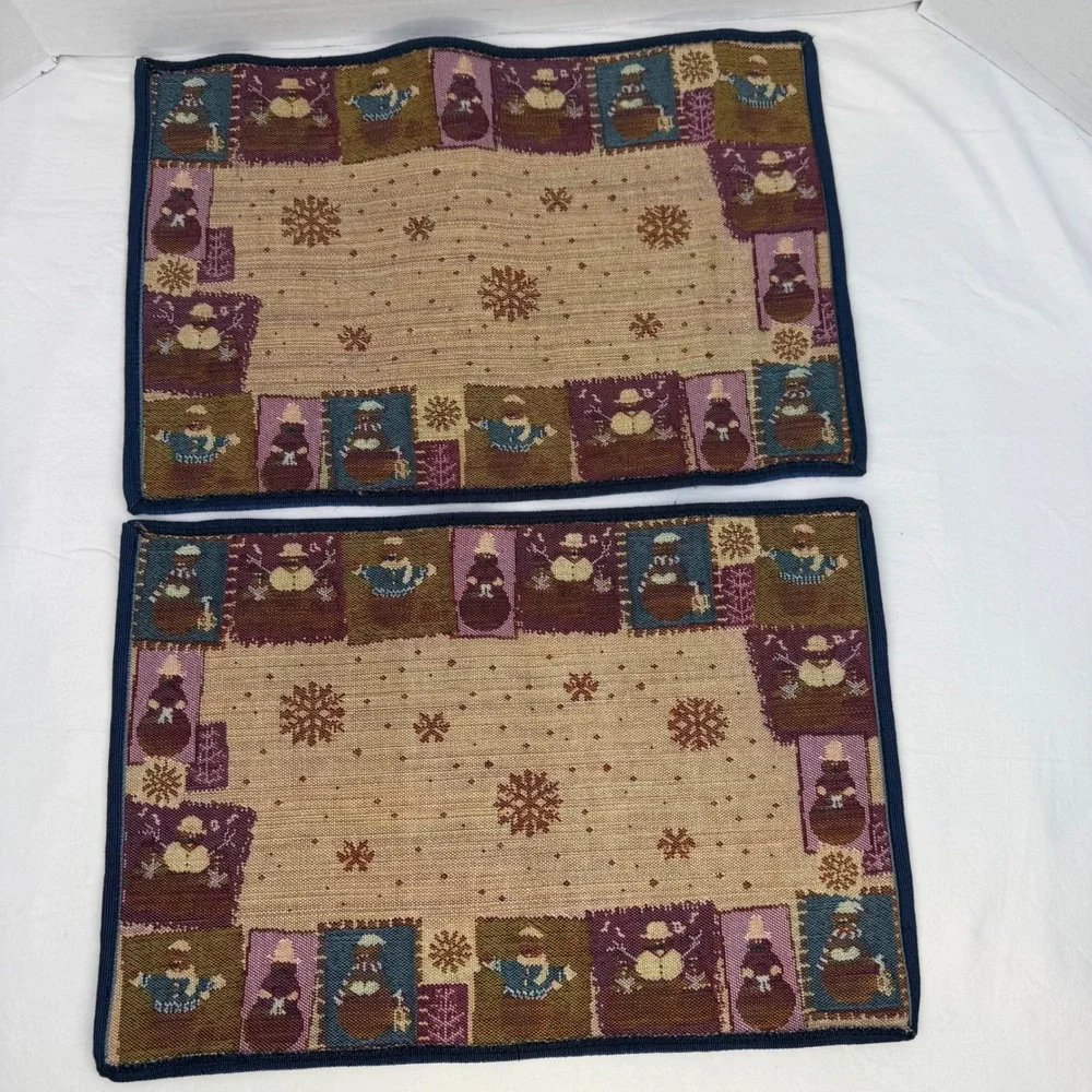 Vintage Woven Tapestry Snowman Placemats Blue Winter Holiday Set of 2